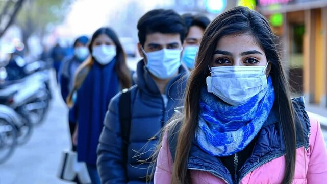 Masked Vigilance: People in masks in a row in the street, highlighting a collective effort.
