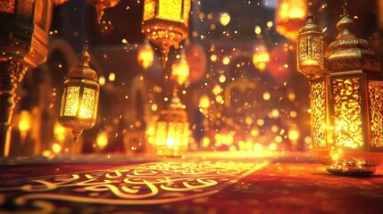 Golden lanterns illuminate a festive Islamic celebration with intricate designs and bokeh lights