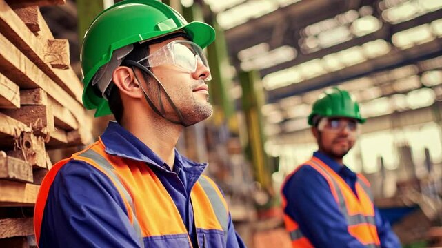 Focused on safety: two workers in safety gear are at a construction site, embodying a commitment to safe practices and focused outlook.