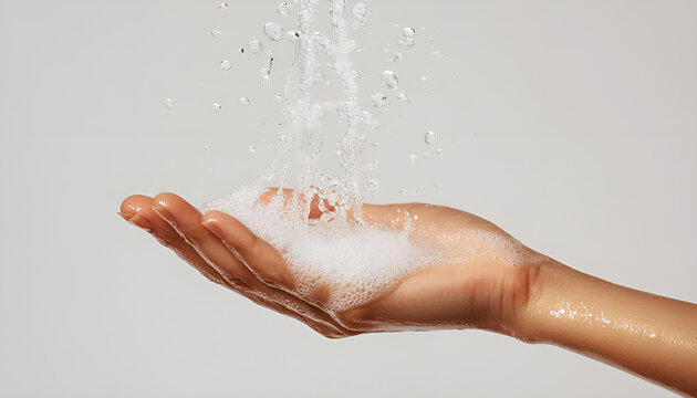 Woman pouring shampoo on her hand on white background, close up