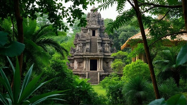 Generative A.I. envisions an ancient jungle temple, hidden in lush greenery, its weathered stone echoing forgotten civilizations, shrouded in mystery and history