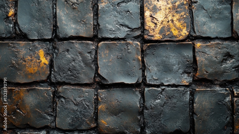 Poster blocks of hardened coal are arranged in a grid pattern, showcasing their rough texture and dark colo