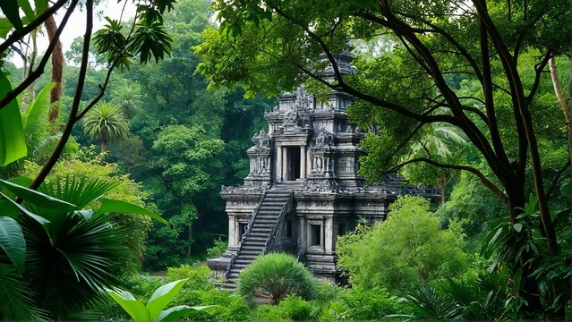 Generative A.I. envisions an ancient jungle temple, hidden in lush greenery, its weathered stone echoing forgotten civilizations, shrouded in mystery and history