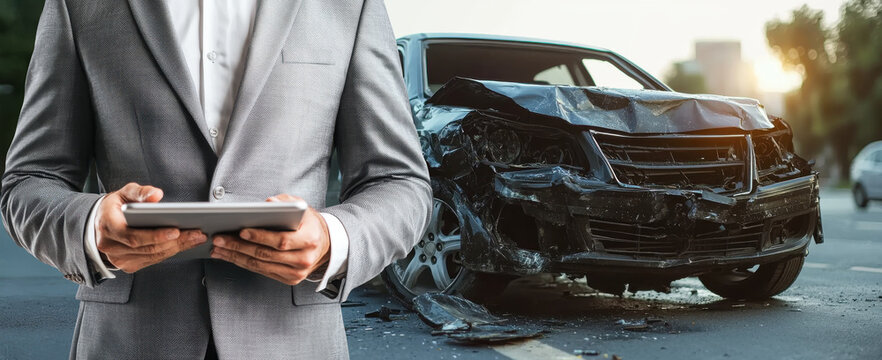 Insurance adjuster inspects car crash damage with a tablet