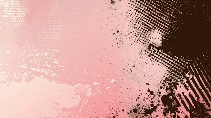 Abstract graphic design with pink and brown textures, splatters, and lines.