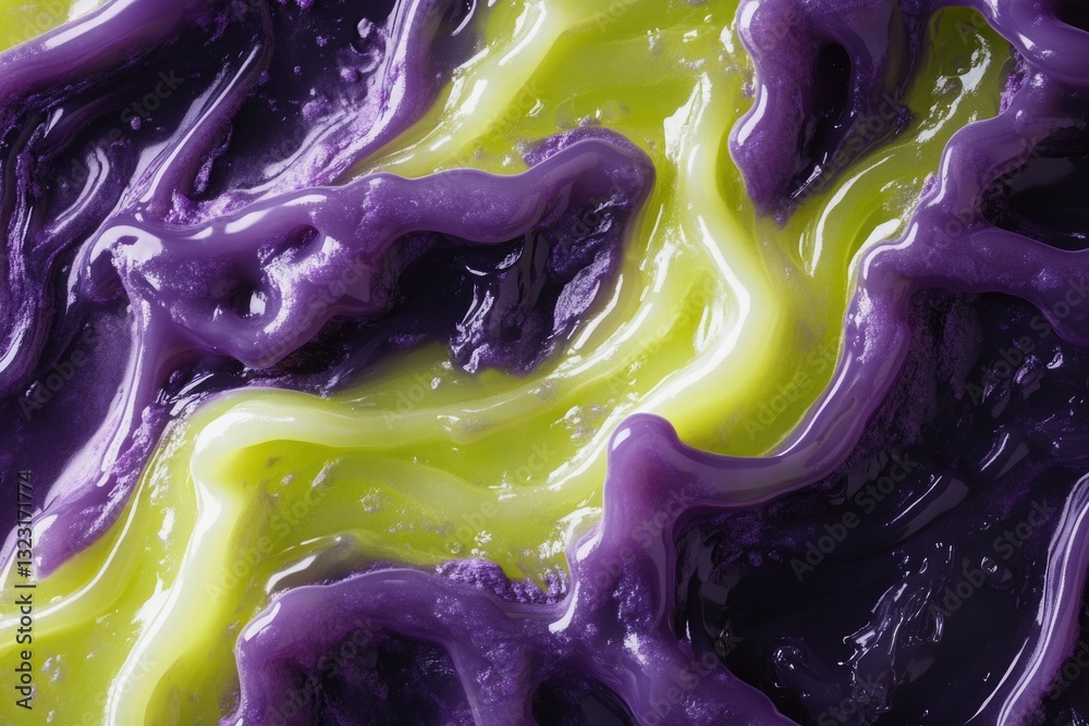 Poster Abstract image of swirling purple and lime green viscous fluids, creating a dynamic and visually captivating texture.