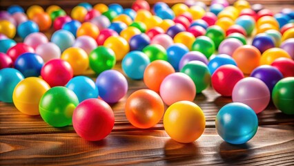 A set of colourful plastic balls scattered on a wooden table surface with various textures and shades of light exposure, tabletop arrangement , colourful plastic balls
