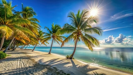 Warm sunlight filtering through palm trees on a clear blue sky over the Florida Keys beach with soft white sand and crystal-clear turquoise water, getaway, sunshine