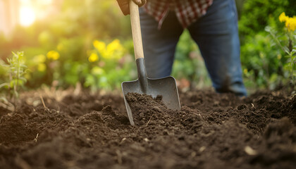 Farmer digging soil with shovel on sunny day, closeup