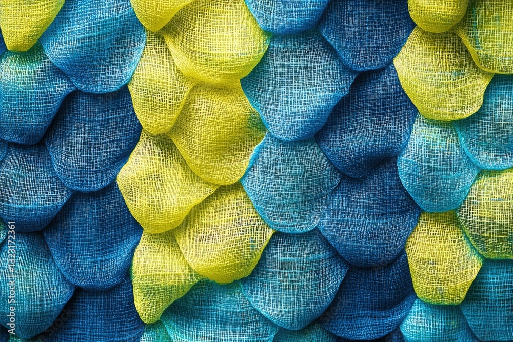 Fototapete Abstract texture of overlapping scales in teal and yellow fabric, creating a visually appealing pattern.