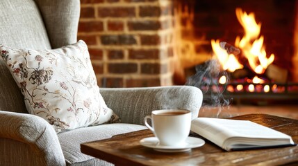 A cozy armchair with a fire and reading materials present