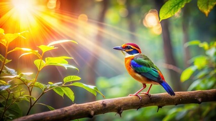Obraz premium A colorful bird perched on a thin tree branch suspended high above a forest floor, blurred background and sunlight filters through the leaves , trees, blurred background