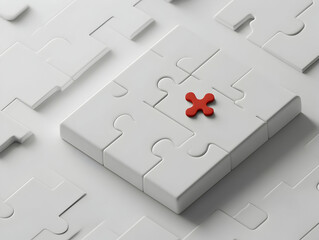 White puzzle with one red piece, white background.