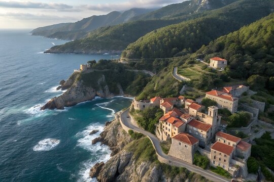 Aerial view showcases the charming coastal village of Brsec in Croatia along the Adriatic sea