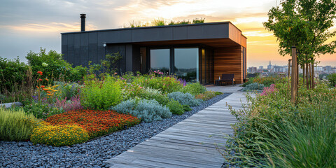 Rooftop garden oasis urban setting landscape photography serene environment daylight sustainable living