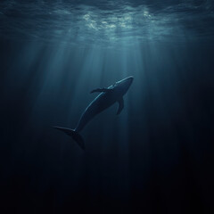 Obraz premium A high-resolution, serene and melancholic scene of a lone 52Hz whale gliding through deep ocean waters