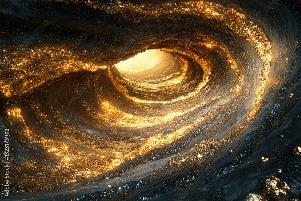 Aufkleber a swirling, glowing tunnel of gold and dark rock leads to a bright light, creating a mesmerizing and
