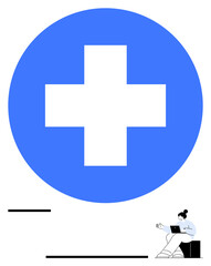 Obraz premium Minimalist design with a blue medical cross and a professional with a laptop suggesting health care online, digital communication. Ideal for healthcare, telemedicine, remote work, health innovation