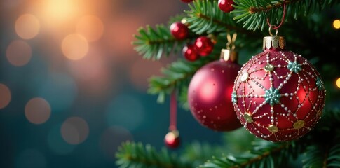 Obraz premium Ornaments covered in sparkling glass balls hang from a colorful Christmas tree branch, festive, berries