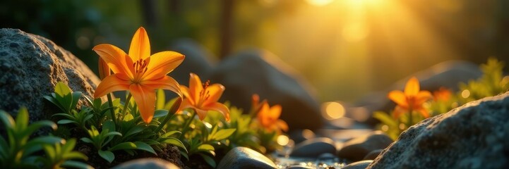 Obraz premium Orange yello lily blooms in the morning light peeking out from between rocks, lily, flowers, orange