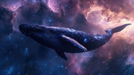 A beautiful celestial whale swims through cosmic space nebulas