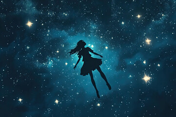 Fototapeta premium Anime girl in dress floating through space, cosmic stars, dreamy universe, magical starlit sky, celestial background