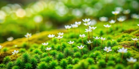 Obraz premium Lush green moss carpet with delicate white flowers and small insects amidst it, plant, insect