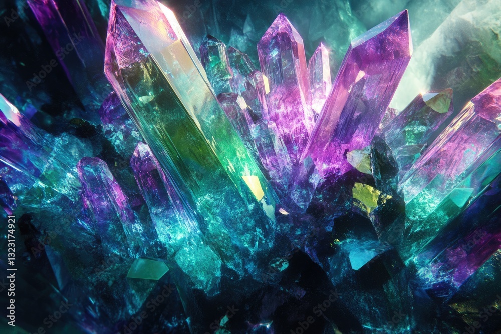 Poster vibrant, iridescent crystals cluster together in a dazzling display of color and light.