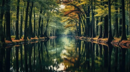 Obraz premium reflection trees in woods