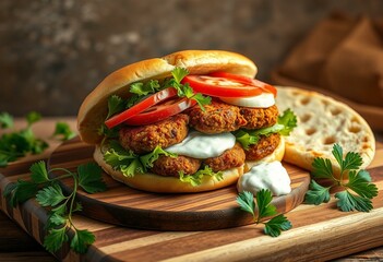 Delicious Shawarma sandwich on a wooden cutting board