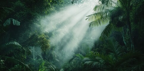 Obraz premium Mystical dense jungle canopy shrouded in a serene mist, evoking a sense of adventure and tranquility.