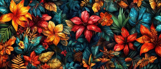 Fototapeta premium A vibrant, colorful arrangement of various flowers and leaves, showcasing a rich palette of reds, yellows, and greens against a dark background.