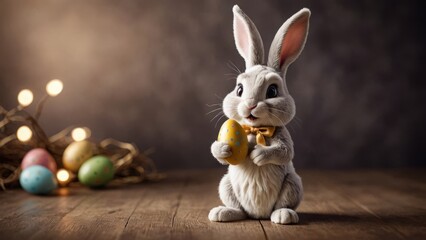 Bunny with a bowtie holding a golden egg on a wooden table, with glowing lights