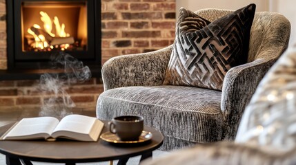 A comfortable room with a cozy armchair and fireplace setting