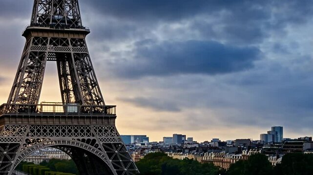 Parisian Skyline: A captivating view of the Eiffel Tower, showcasing its intricate ironwork against a backdrop of a dusky sky, overlooking the expansive cityscape.