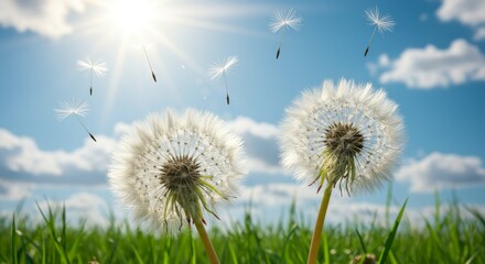 Naklejka premium Dandelions releasing seeds in the wind under a blue sky