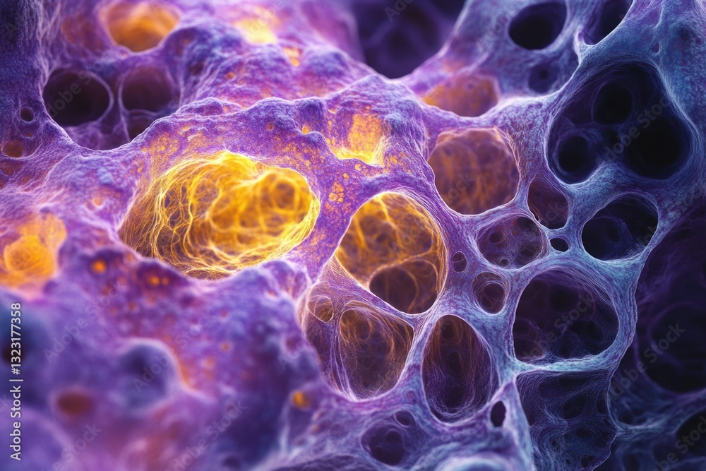 Poster microscopic image of a porous, sponge-like structure with purple and orange hues, possibly represent
