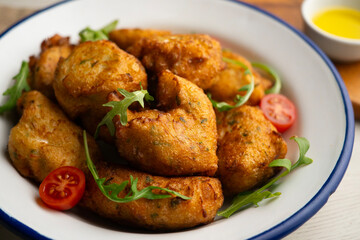 Delicious dish with fish fritters. Traditional Spanish recipe for Holy Week.