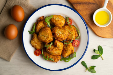 Delicious dish with fish fritters. Traditional Spanish recipe for Holy Week.