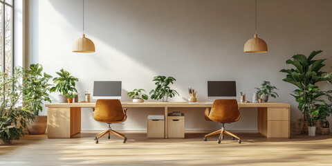 Modern workspace setup home office interior design bright environment wide angle productivity concept