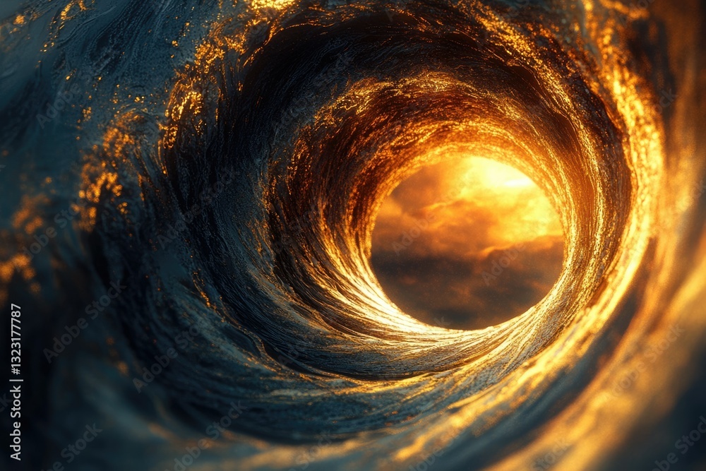Poster a swirling ocean wave tunnel reveals a fiery sunset, creating a mesmerizing and surreal scene.