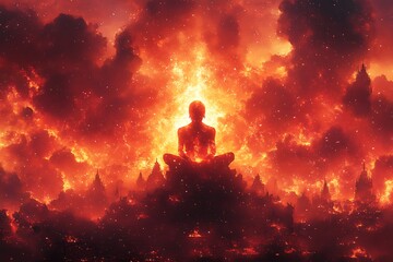 A meditating human figure surrounded by fiery clouds and burning landscape