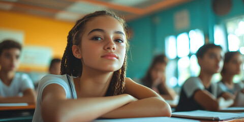 Student engagement in classroom learning school photography indoor eye-level educational concept