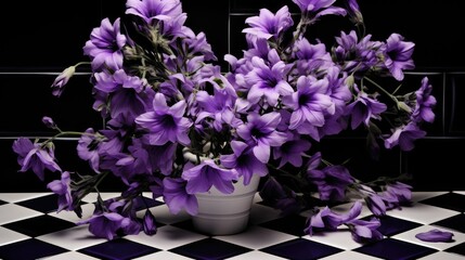 Naklejka premium flowers black and white tile floor