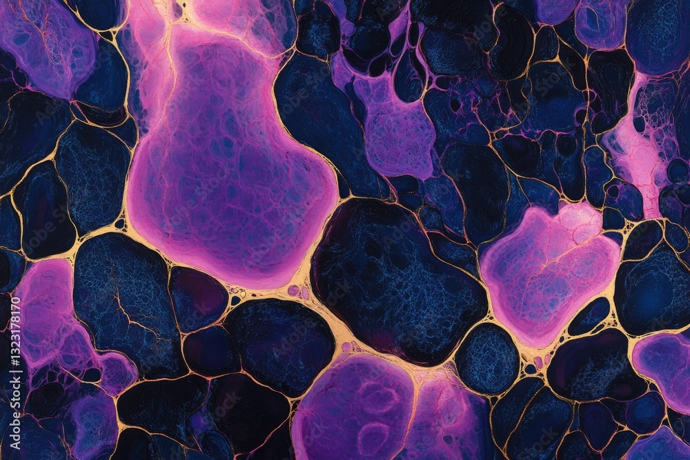Poster Abstract art featuring purple and dark blue organic shapes separated by gold veins, creating a mesmerizing pattern.
