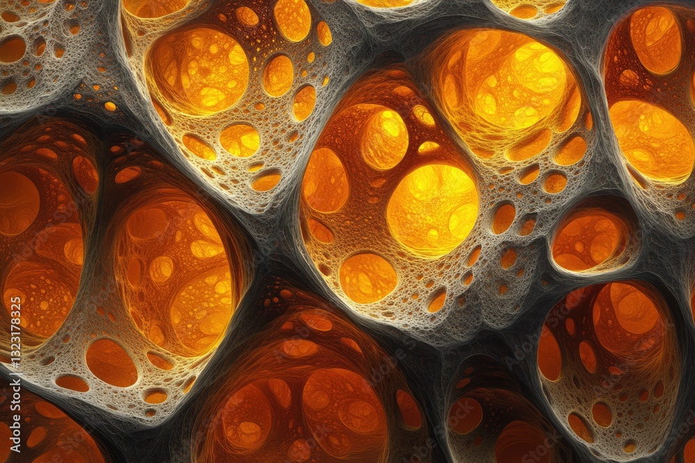 Poster abstract 3d render of a porous, cavernous structure with glowing orange interiors.