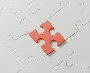 White puzzle with one red piece, white background.