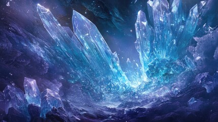 Spectacular giant crystals glow brightly in a mesmerizing cosmic environment