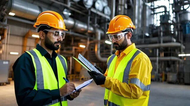 Engineers at Work: Two engineers in protective gear collaborate on documents in a manufacturing plant, highlighting industry, safety, and expertise.