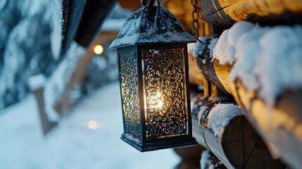 A decorative lantern hangs outside on a snowy winter day